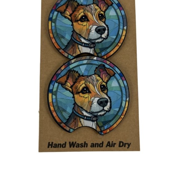 Car Coasters Jack Russel Terrier Dog Life Stained Glass Puppy Set of 2 Neoprene - Picture 8 of 9